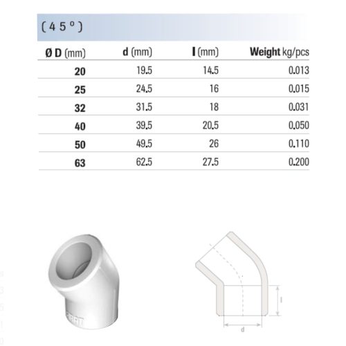PPR-Winkel 45 Grad 20 x 20 mm