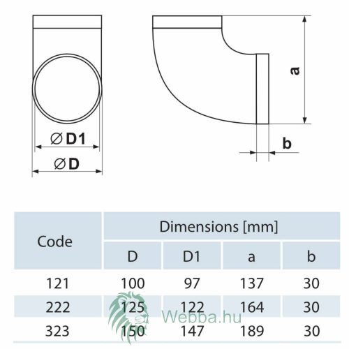 Szellőzőcső könyök, 90 fok, D 100 mm, 121 mm
