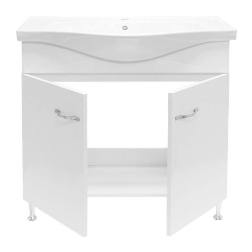 Badezimmerschrank + Waschbecken + weißer Spiegel. Fokus 850