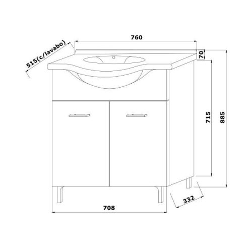 Badezimmerschrank + Waschbecken, Rubino, Eiche grau, 76 x 87 x 51,5 cm