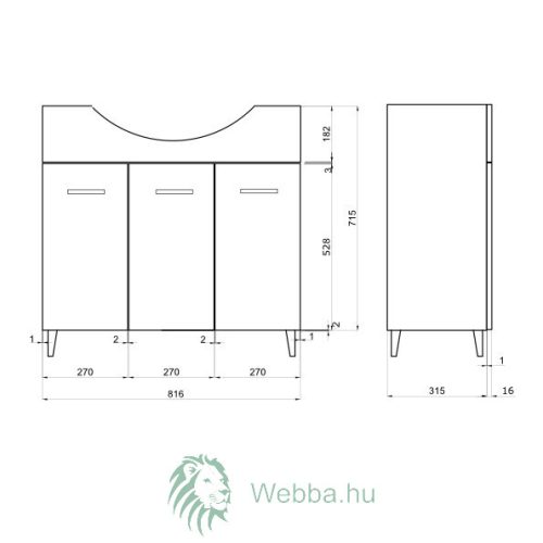 Fürdőszoba mosdó + tükör Savini Due Rubino, ajtókkal, szürke tölgy, 87 x 88,5 x 50,5 cm