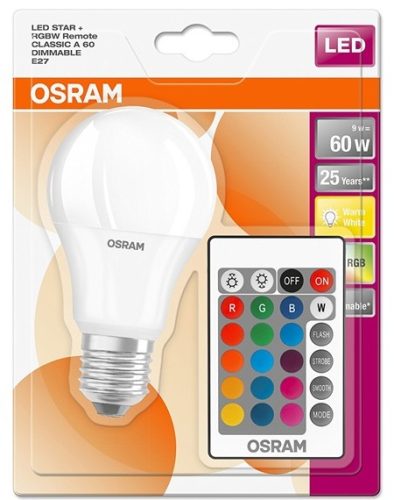 LED IZZÓ RGBW 9W E27 szabályozható, 2700K (színváltós) + távirányító Osram 