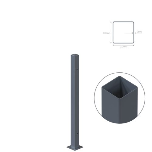 Kerítésoszlop, acél, fekete, téglalap alakú, 1555 mm, 100 x 100 mm