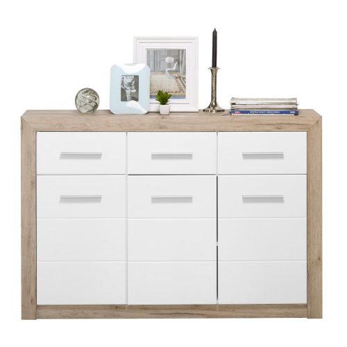 Kommode, Etna 3K3F, Eiche grau + weiße Glanzfolie, 133 x 90,5 x 35 cm, 2C