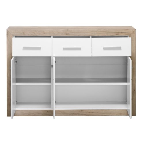 Kommode, Etna 3K3F, Eiche grau + weiße Glanzfolie, 133 x 90,5 x 35 cm, 2C