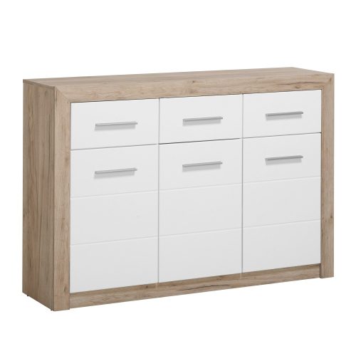 Kommode, Etna 3K3F, Eiche grau + weiße Glanzfolie, 133 x 90,5 x 35 cm, 2C