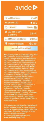 LED Glühbirne, Filament Kerze 4W E14 360° NW 4000K, AVIDE