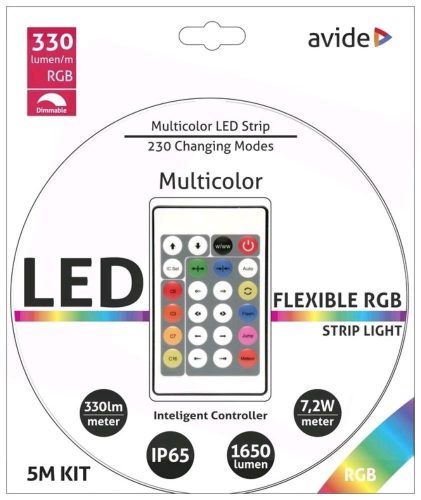 LED Szalag Bliszter 12V 7.2W SMD5050 30LED RGB IP65 5m + Prg.távirányító, Avide